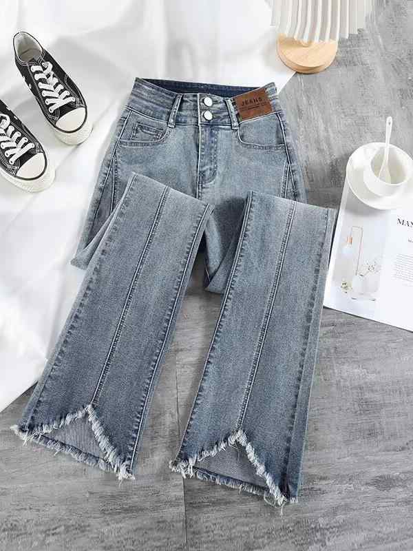 乐天商城 - レディース 牛仔パンツ 微ラッパ デニム 長ズボン 中腰 薄手 ポケット 綿70-80% 微弾力 春秋 復古色 ハイウエスト スリム ロング丈 切り替え 口袋 口袋付き 日韓 カジュアル 快適 普段使い 通勤