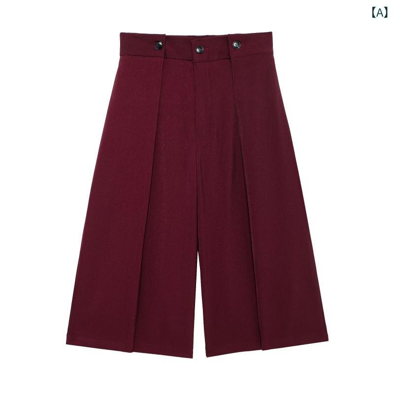 レディース ショートパンツ 高腰 ワイドレッグ プリーツ 装飾 涤纶 ポリエステル 素材 中厚 スカートパンツ スカパン 欧美風 欧米スタイル 街頭潮流 ストリートファッション 無弾力 プレス加工 2025 夏季 春夏 画像色 ピクチャーカラー S M