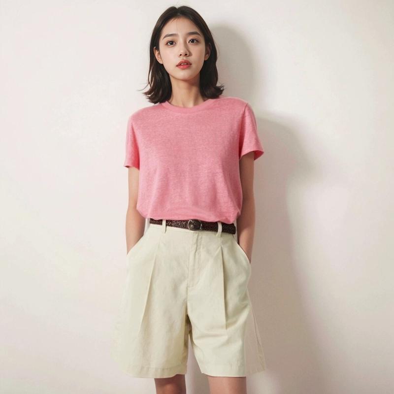 Cropped Pants - レディース 麻混紡 プリーツ ショートパンツ ロングパンツ 高腰 直筒型 膝上丈 小脚型 黒 橙 米 緑 純色 紡績 伸縮性 接触冷感 軽量 通勤 普段使い アウトドア 日韓スタイル 女性用 夏 2024年