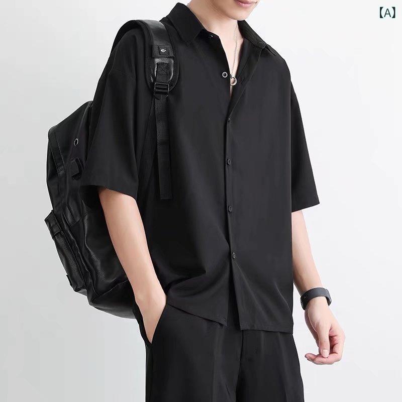 乐天商城 - メンズ 半袖シャツ 黒 夏用 薄手 韓国風 痞帅スタイル 高級感 接触冷感 涼しい 化繊混紡 ポリエステル95% ゆったり版型 スクエアネック ミドル袖 無地 日常 休闲 トップス スタイリッシュ 涼感素材 軽量 快適 ブラック ホワイト グレー