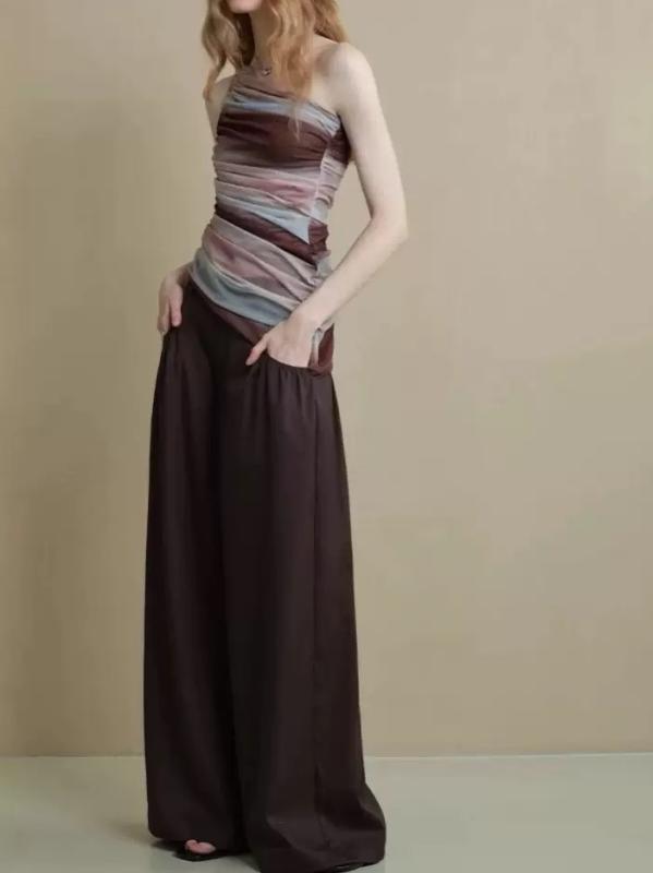 Cropped Pants - レディース ワイドパンツ ブラウン ゆったり クロップド ロングパンツ 中腰 薄手 ポケット プリーツ デザイン ポリエステル 素材 切り替え 加工 通勤 スタイル 気質 優雅 夏 シーズン 柔軟 通気性 無弾性 深褐色 休闲 ズボン