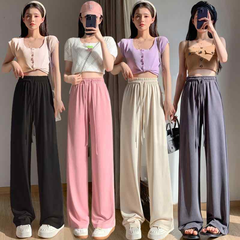 Capri Pants - レディース ワイドパンツ 接触冷感 螺紋 ハイウエスト ロング丈 薄手 微弾力 ポケット 垂感 防晒 通勤 普段使い 春秋 ピンク ブルー ベージュ グレー 金属糸 布 アンニュイ ヴィンテージ風 基本款 スレンダー シルエット ポケット デザイン 免烫