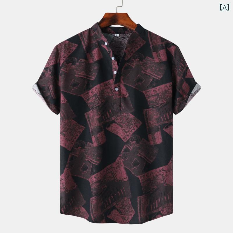 T-Shirts - メンズ シャツ トップス 短袖 麻混紡 ビジネス ゆったり 翻領 ボタン 印花 夏 ハワイアン柄 春夏 秋冬 オールシーズン かわいい 軽量 通勤用 普段使い アウトドア 再生繊維 ピンク グレー ネイビー ブラック