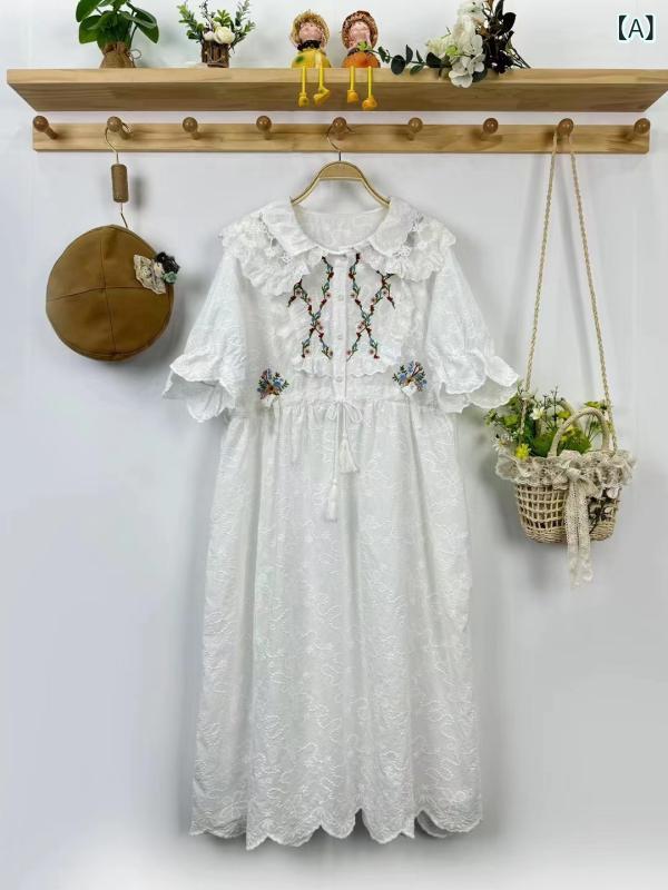 ワンピース レディース 夏 森ガール 刺繍 コットン 短袖 中長丈 ダブルレイヤー レース フリル 肩ストラップ ドルマンスリーブ 娃人形襟 切り替え デザイン 綿素材 白色 米色 フレキシー 風 スタイル かわいい フェミニン 軽量 通気性 日常使い