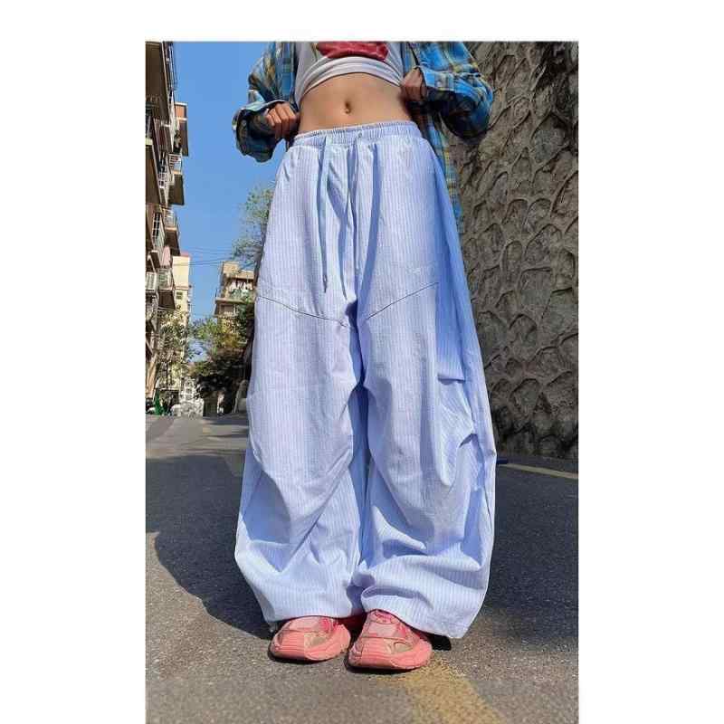 Long Pants - レディース ワイドパンツ 春夏 復古 プリーツ ストライプ 傘兵風 工装 香蕉クロップド 潮カジュアル ハイウエスト 薄手 綁帯 長丈 ポリエステル混紡 無弾力 日韓スタイル 快適 普段使い ダンス ヨガ ブルー ベージュ