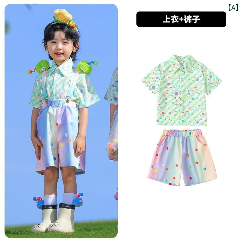 乐天商城 - 子供 ダンス衣装 キッズ 演出服 男の子 女の子 綿素材 夏 緑 紫 黄 彩点緑 シャツ 短パン 短スカート ポンポン 気球 柄 ララチーム 公演 ユニフォーム カラフル アクセサリー セット 虹 頭巾 靴下 無毛球 100-180cm 中大児