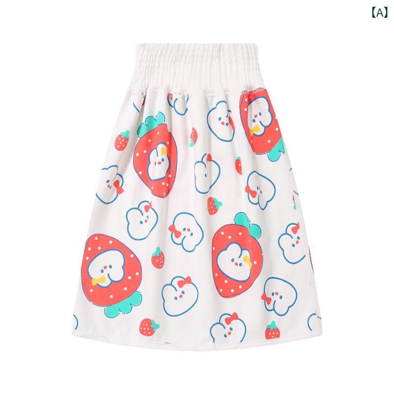 Baby pee-proof skirt for girls and boys. Breathable, washable, leak-proof, made of pure cotton. Suitable for babies aged 0-6 months, 1-3 years, 3-6 years, and over 6 years. Weight limit 50kg. Small size (ML). Cute prints featuring small animals, dinosaurs, vegetables, and fruits.
