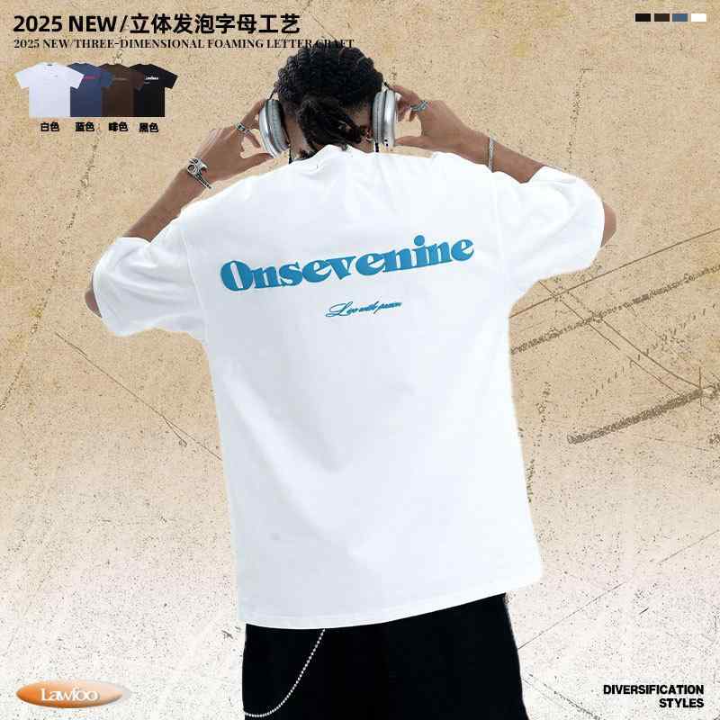 Three-Quarter - Tシャツ メンズ レディース 短袖 綿 素材 透気性 ルーズフィット 文字プリント 黒 白 宝藍 日常使い 夏 トップス ユニセックス カジュアル ゆったり 吸収 速乾 ファッション ストリート スタイル ティーン 向け セットアップ