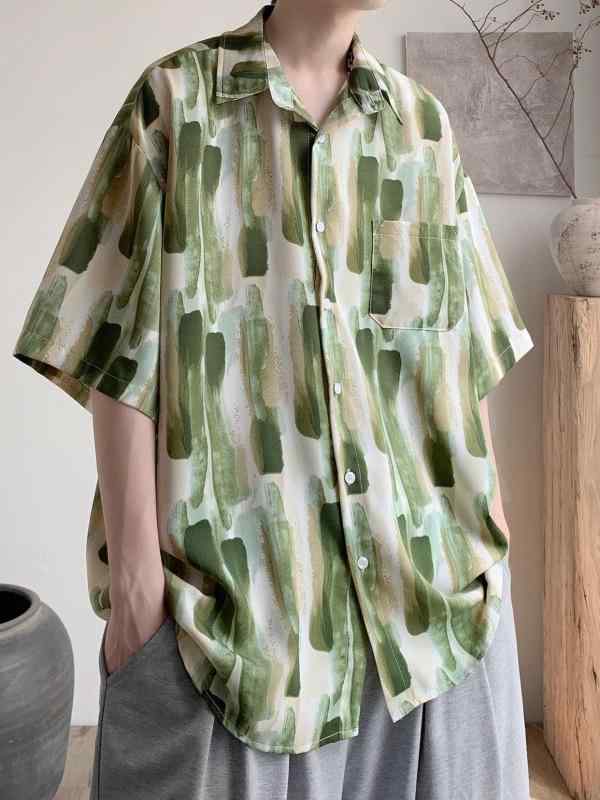 T-Shirts - メンズ シャツ トップス 夏季 港風 タイダイ 柄 翻領 デザイン 大きいサイズ 短袖 開襟 ボタン 付き 合体 シルエット ポリエステル 素材 軽量 涼しい 軽熟 スタイル ゆったり シルエット 緑 色 藍 色 条紋 パターン 夏 向け 日常 使い カ