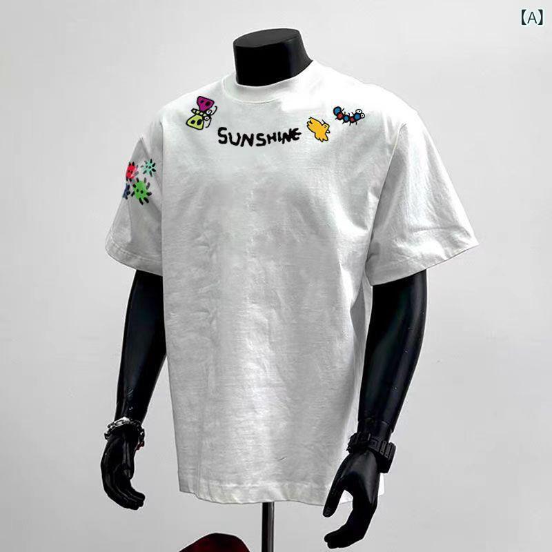 T-Shirts - メンズ Tシャツ 短袖 半袖 綿 素材 透気性 夏 春夏 秋 秋冬 ゆったり シルエット 丸首 ロゴ 刺繍 プリント 加工 白色 黒 色 青年 向け ストリート ファッション 復古 スタイル カジュアル 普段使い 軽量 快適 着こなし トップス ベース