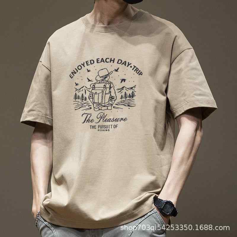 Three-Quarter - メンズ Tシャツ 短袖 半袖 夏季 夏 純棉 コットン 100% 直筒型 ルーズフィット ワイドシルエット 丸首 クルーネック 無地 プリント 幾何学柄 白色 黒 グレー 日常 デイリー カジュアル 基本 ベーシック 青年 20代 ミドルウェイト 200
