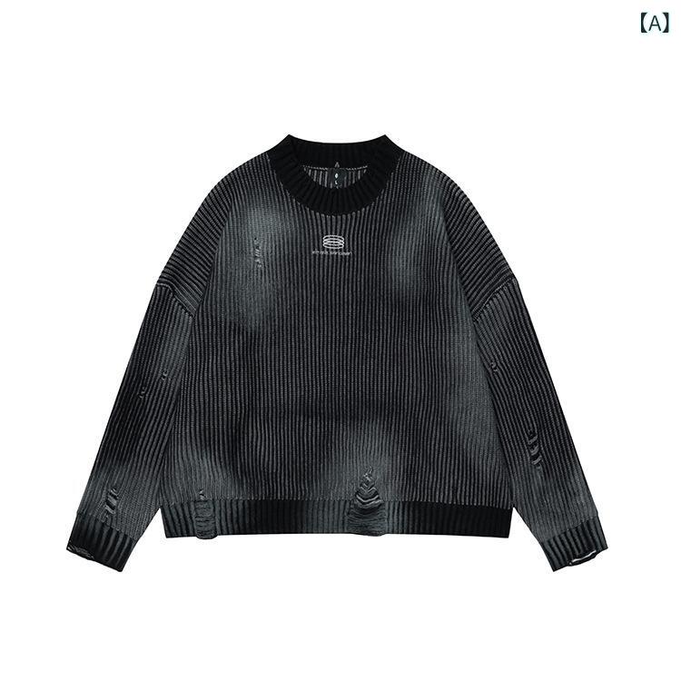 Garments - メンズ ニットセーター 秋冬 丸首 長袖 ゆったり デザイン 手描き風 刺繍 加工 ダメージ 穴あき ストリートファッション ポリエステル 黒 グレー ブルー 青少年 向け ゆったりシルエット 普通厚 手洗い 可能 日常 カジュアル