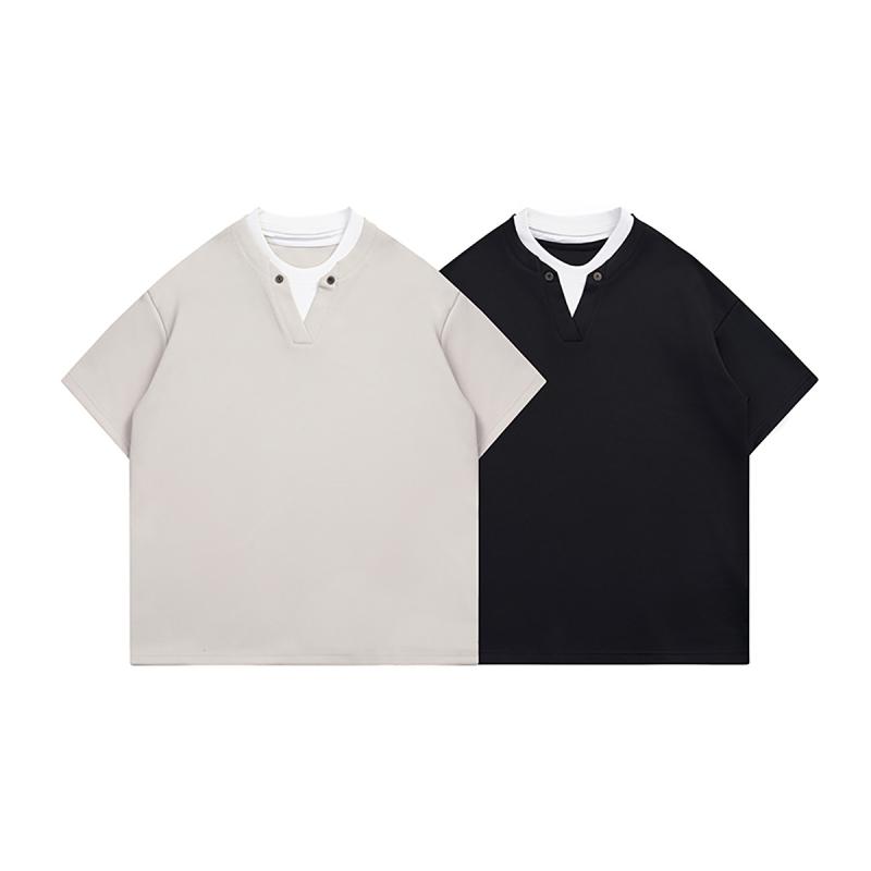 乐天商城 - メンズ Tシャツ 短袖 偽ツーピース 領口 切り替え 黒 卡其 涼しい 透気 ゆったり デザイン 日常 休日 青春 スタイル ポリエステル 素材 無地 ラウンドネック 夏 トップス ティーシャツ ルーズフィット カラーブロック セカンドスキン 日常着 ス