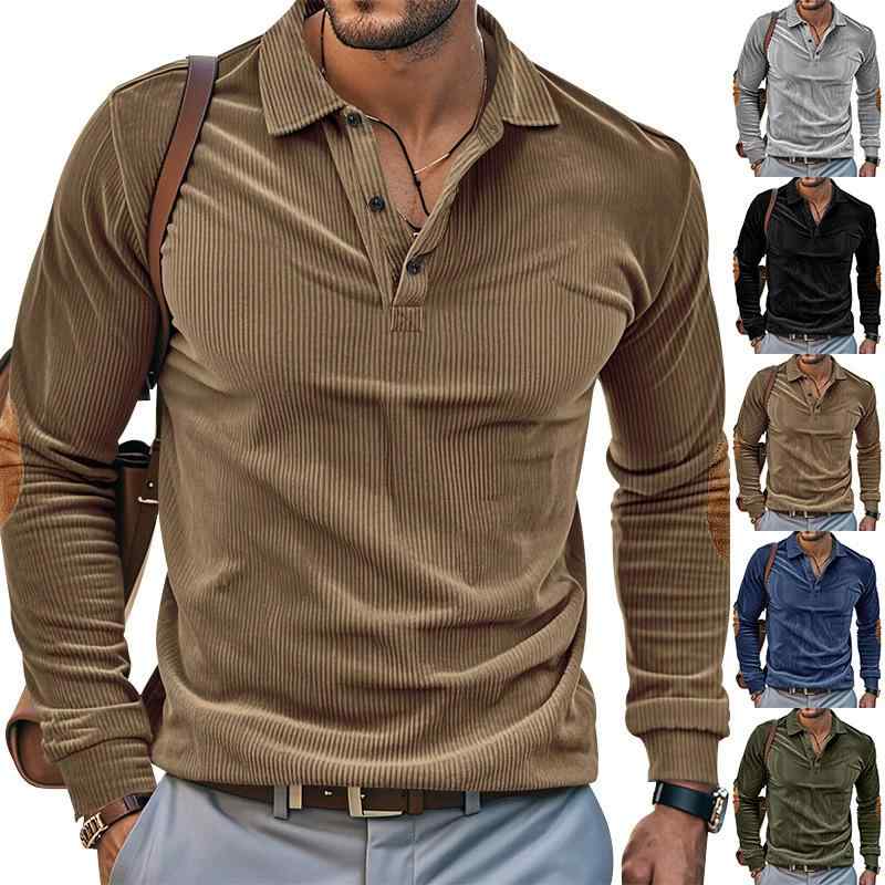 T-Shirts - メンズ POLOシャツ 長袖 灯芯绒 復古 ワイド ルーズ カジュアル アウトドア 補丁 切り替え 合体型 純色 不対称 透気 吸湿排汗 機洗可能 化繊混紡 ポリエステル 日常使い 春秋 ネイビー ブラック アーミーグリーン ダークブラウン ライトグレー