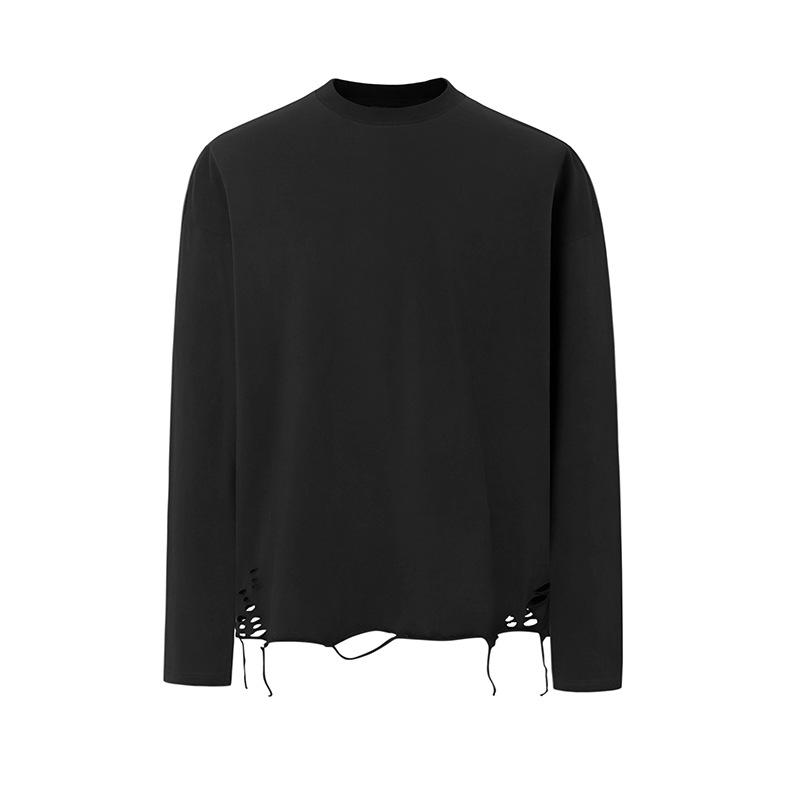 ・カテゴリ: Tシャツ・スタイル: カジュアル・主な素材: 綿100%・袖丈: 長袖・柄: 無地・カラー展開: 白色、セメントグレー、ブラック・サイズ展開: M、L、XL、2XL・ネックライン: ラウンドネック・フィット: ルーズフィット・詳細: 破洞・重量: 約250g・対象年齢: 成人・対象性別: 男性