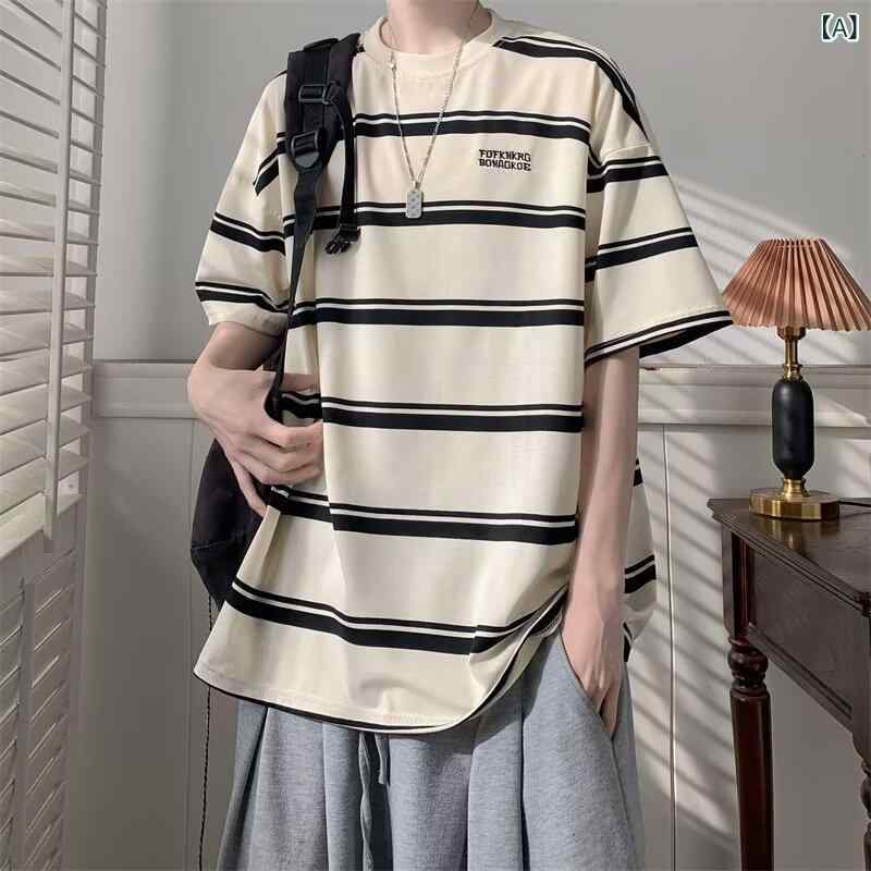 乐天商城 - メンズ Tシャツ 短袖 薄手 綿100% 条紋柄 ピンク系 黒 ゆったりシルエット 香港風 復古風 トレンド 日常使い 透気性 吸湿速乾 夏向け 青少年向け トップス 上衣 ルーズフィット セットアップなし