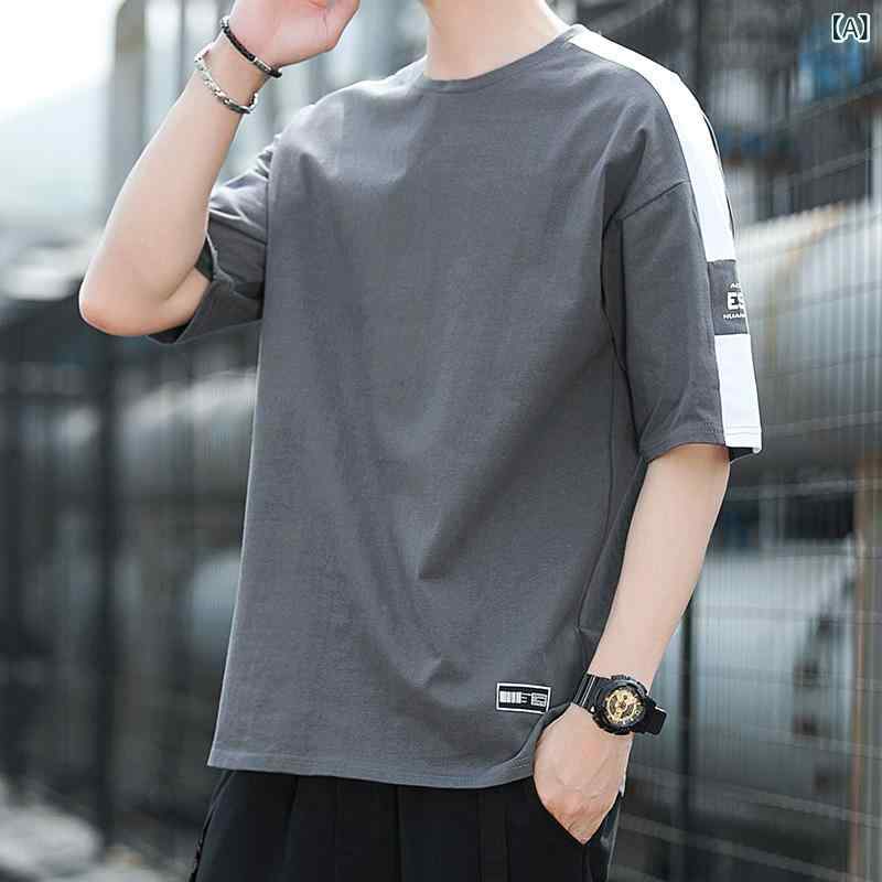 乐天商城 - メンズ Tシャツ 短袖 ラウンドネック トップス 純棉 綿100% ゆったり ルーズフィット 薄手 夏 透気性 吸湿速乾 アルファベット柄 プリント 切り替え ピースカラー グレー 黒 青 日常 ファッション ストリートスタイル ティーン 18-24歳