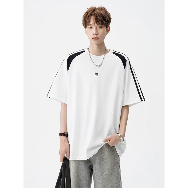 Rakuten - メンズ Tシャツ 短袖 ストライプ カラーブロック 切り替え 春夏 ルーズフィット 丸首 薄手 透気性 ポリエステル 白色 黒 灰色 日常着 印花 都市柄 免烫処理 青少年 成人