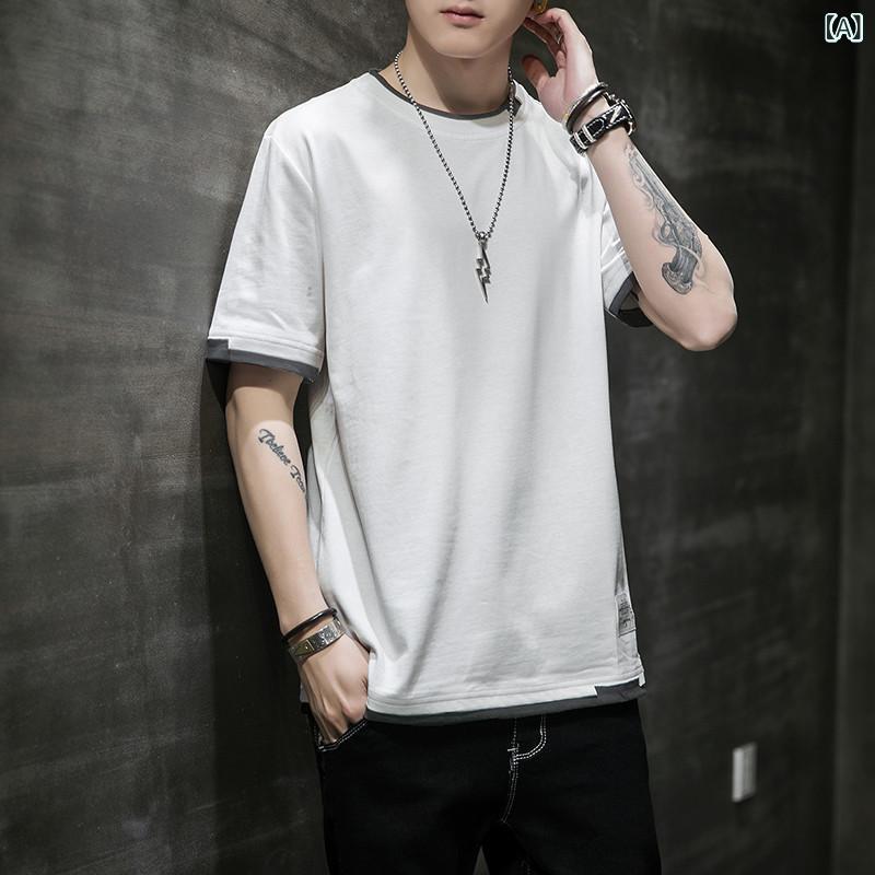 乐天商城 - メンズ Tシャツ 短袖 純棉 薄手 修身型 条紋 切り替え 丸首 セットアップ 日常使い 日式レトロ 春夏 白 黒 霧青 牛仔 深灰 卡其 黄 杏 綿 96%以上 青少年 成人 男性用 トップス インナー 潮 青春流行 18-24歳