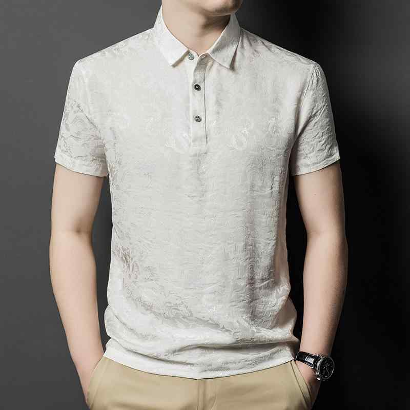 England （Clubs） - メンズ Tシャツ 短袖 真丝 桑蚕丝 夏用 吸湿排汗 合体型 翻领 套头 白色 上青 碎花 拼色 日常 休闲 青年 軽量 通気性 普通厚 180g-250g