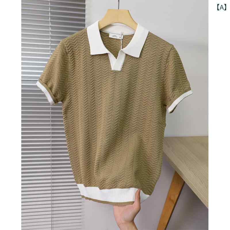 T-Shirts - メンズ Tシャツ 短袖 翻領 夏季 修身 百搭 休闲 打底 針織 ポリエステル 混紡 拼色 合体型 薄款 セットアップ 日常 青春流行 白色 黒 卡其 軽量 伸縮性 免烫処理 明線 加工 青年 24-35歳 都市 ファッション