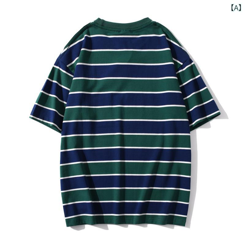 樂天商城 - メンズ Tシャツ 短袖 条紋柄 綿100% 透気性 緑 黄 西瓜赤 春夏 秋 シーズン ゆったり ルーズフィット 無地 丸首 セットアップ トップス コットン 素材 夏用 春用 秋用 クリエイティブ プリント 免烫加工 青年向け 18-24歳 ファミリー