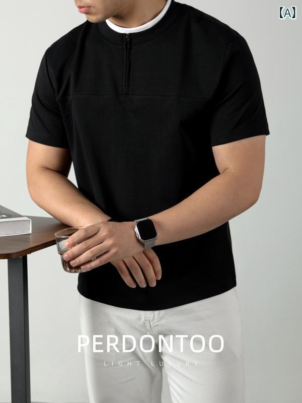 Other - メンズ Tシャツ 短袖 半ジップ 切り替え デザイン 綿素材 透気性 吸湿速乾 薄手 軽量 ゆったりシルエット 軽熟風 花灰 黒 浅豆緑 白色 夏 青年向け 休闲 トップス 半袖 丸首 セットアップ風 色牢度高 250g-300g