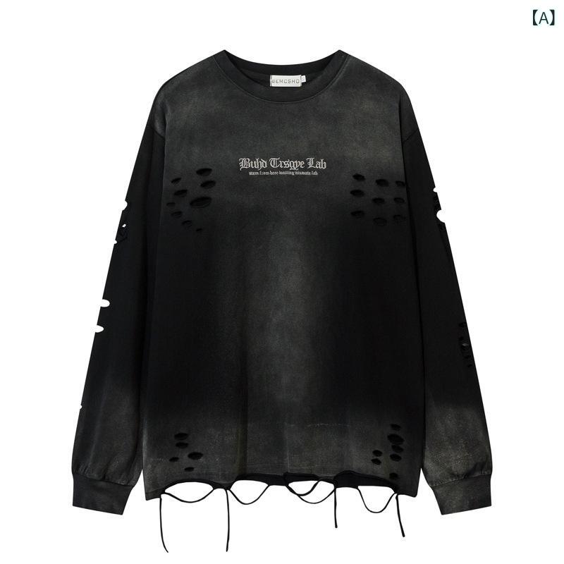 Other - メンズ Tシャツ 長袖 綿 素材 透気性 ストリート スタイル ヴィンテージ風 グラデーション 水洗い 加工 ワイド シルエット 破れ ディテール ルーズフィット トップス 秋 黒 灰 休闲 シーン ティーンエイジャー 向け 成人 男性用