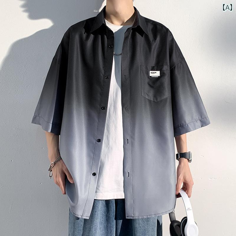 Other - メンズ シャツ トップス 短袖 開襟 薄手 接触冷感 ポリエステル グラデーション 切り替え ゆったり シルエット 軽熟 休闲 スタイル 黒 緑 青 ピンク 夏 ティーン 向け 免アイロン 加工