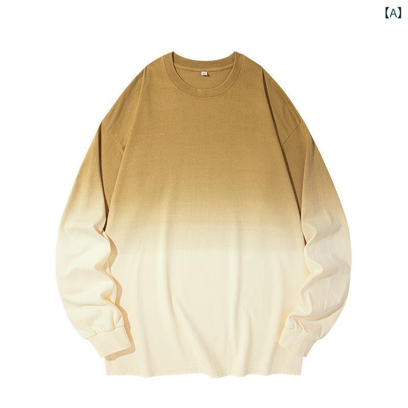 Rakuten - Tシャツ メンズ レディース 長袖 春夏 秋冬 吊り染め グラデーション 切り替え 綿 透気 耐磨 抑菌 吸湿排汗 色牢度高 丸首 ルーズ 落ち肩 セットアップ カジュアル クリエイティブ 趣味 コーヒー 杏 黒 深灰 白 浅藍