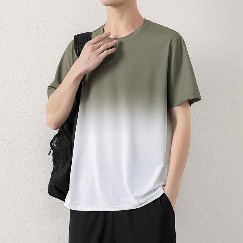 Rakuten - メンズ Tシャツ 短袖 薄手 グラデーション柄 フラワー柄 接触冷感 ポリエステル混紡 綿混紡 ルーズフィット 丸首 セットインスリーブ ロスコットヘム 抗菌加工 ノーアイロン 日常着 青春スタイル 青少年向け 白 黒 緑 夏 春夏