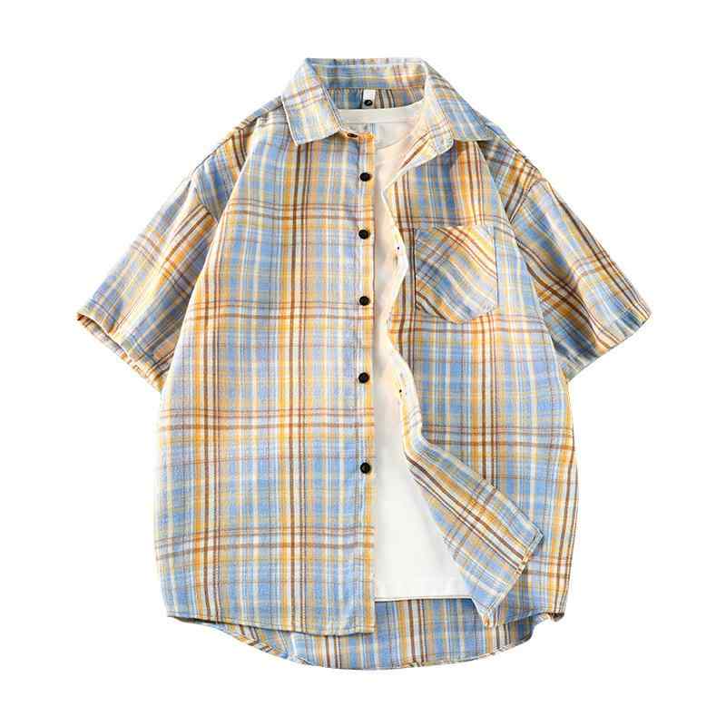 Long-Sleeved - メンズ 短袖 シャツ 通勤 トップス 麻 素材 格子柄 加工 洗いざらし 風合い 黒 赤格 紺 藍格 黄格 日式 復古 スタイル 緩シルエット 翻領 デザイン 印花 柄 普通 厚み 春夏 夏季 青少年 成人 機洗 可能 免烫 処理 軽やか 涼しい 通勤