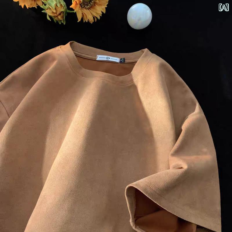 乐天商城 - メンズ Tシャツ 半袖 鹿皮绒 綿 純色 ストレート シルエット 丸首 落肩袖 透気性 免烫 夏 春 ゆったり 休日用 青年向け ブラウン グレー ブラック