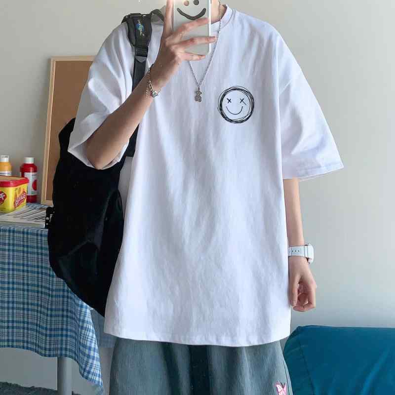 樂天商城 - メンズ Tシャツ トップス 短袖 丸首 綿 透気性 ゆったり シルエット 笑顔 プリント 幾何学 柄 日常 着用 夏 黒 白 クライン ブルー 杏 ピンク かわいい シンプル トレンド 韓国 スタイル ゆったり フィット 軽量 吸湿 速乾 機能 ティーン