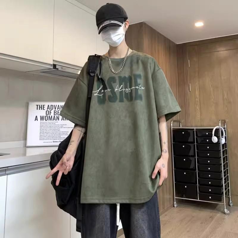 Rakuten - Tシャツ メンズ 半袖 短袖 ルーズフィット 丸首 アルファベット柄 麂皮绒 ポリエステル 透気性 防シワ 耐摩耗 夏 2025年 黒 グレー ベージュ ブラウン ミリタリーグリーン ピンク パープル