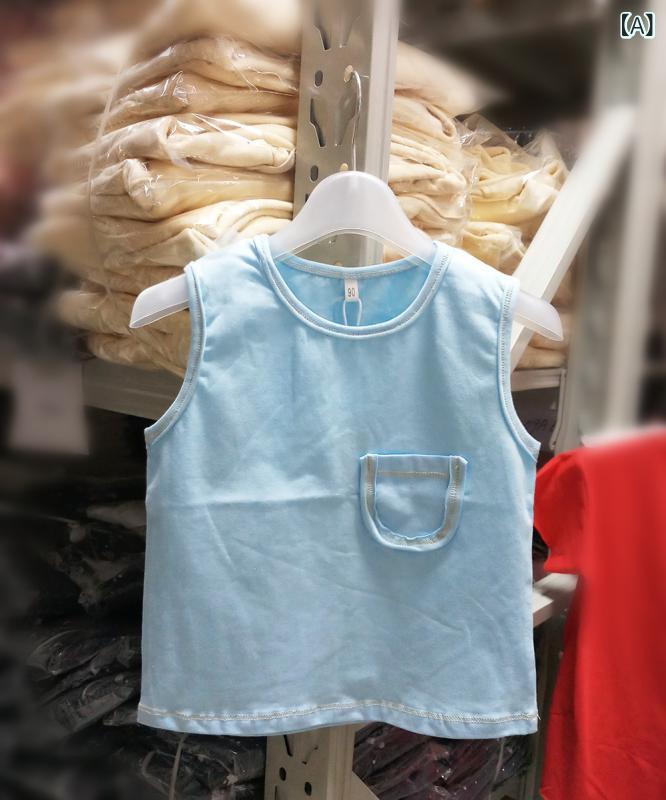 Other - キッズ トップス 男の子 女の子 無袖 Tシャツ 夏服 綿100% 柔らかい生地 ポケット付き 復古風 パイピング ヘム加工 軽量 通気性 浅青 米灰 花柄グレー 3-8歳 90-130cm