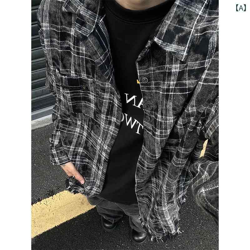 メンズ シャツ トップス 長袖 格子柄 フラッペ 襟付き ゆったり シルエット ポリエステル 素材 秋冬 春秋 ストリート スタイル 青年 向..