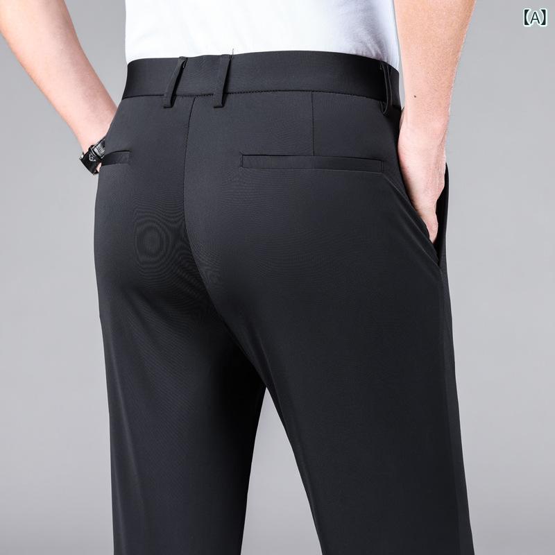 Half Pants, Shorts - メンズ 長ズボン 夏用 薄手 直筒 ワイドパンツ ゆったり ビジネス 4方向ストレッチ 高級感 中年 男性用 ハイウエスト 軽熟 休闲 透気性 洗濯機洗い 高弾力 ノーアイロン 色牢度 黒 紺 グレー 緑 ベージュ 化繊混紡 ナイロン 弾力素材 口袋 ジ