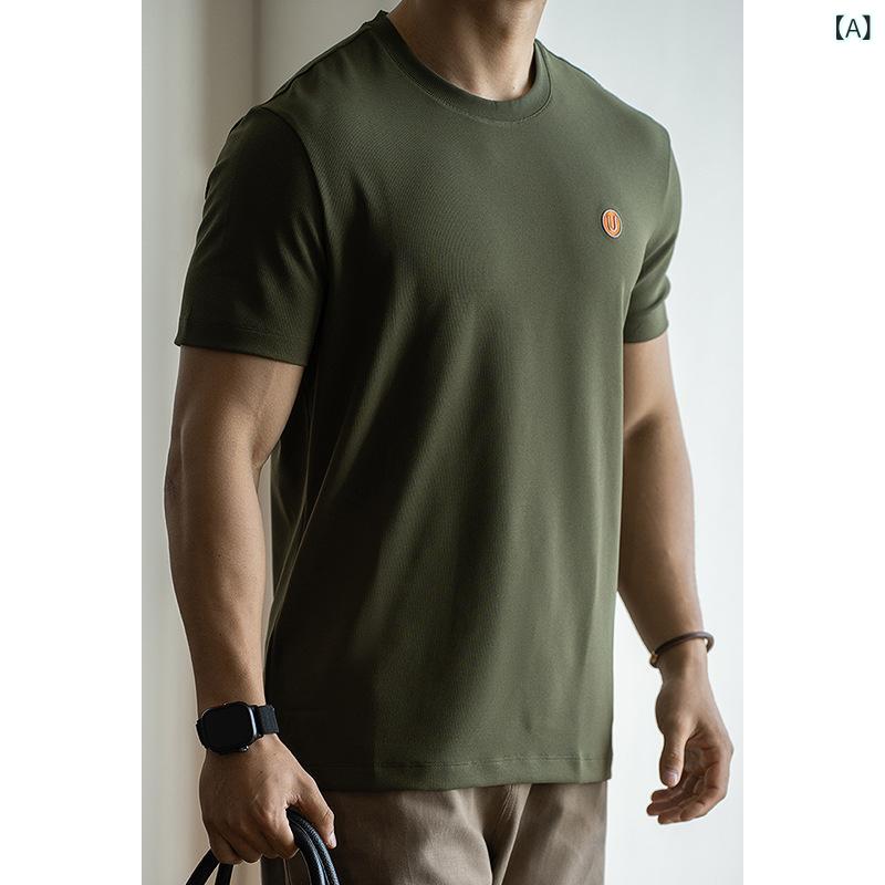 乐天商城 - メンズ Tシャツ 春夏 ワッフル 織り柄 刺繍 幾何学 柄 短袖 トップス ゆったり シルエット 薄手 透気性 防シワ ポリエステル 混紡 ストレッチ 素材 軍緑 黒 白 橙 色 軽熟 休闲 スタイル 青年 向け 都市 ファッション 日常 着用 可能 セ