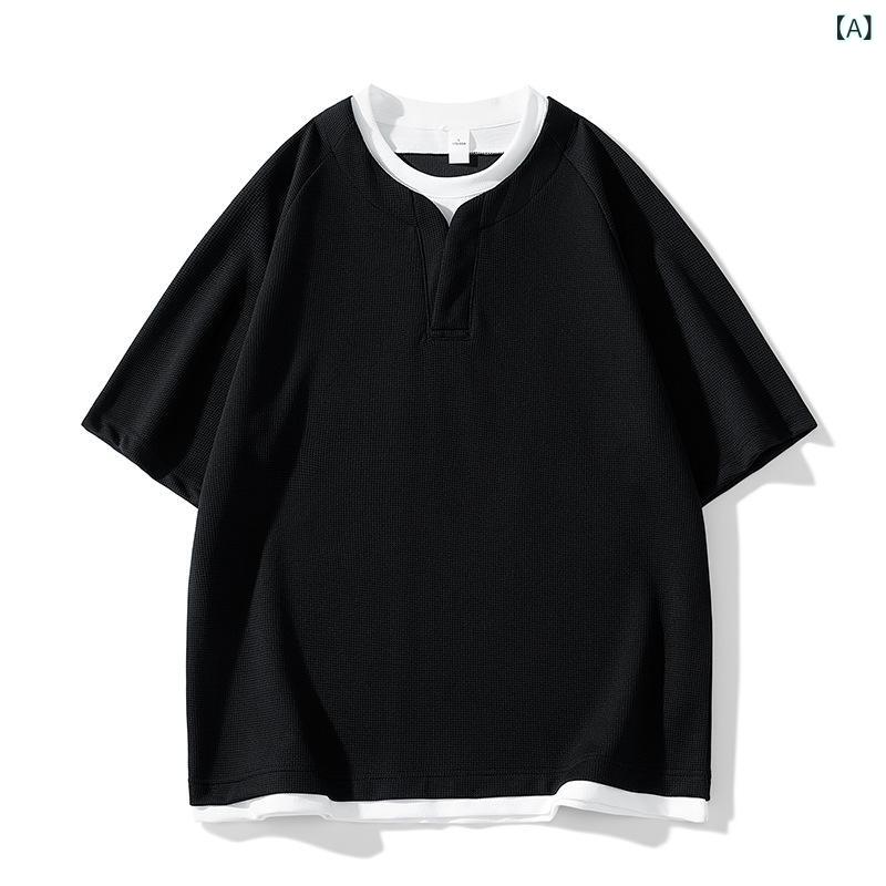 乐天商城 - メンズ Tシャツ 短袖 Vネック ハーフクッション ワッフル 切り替え 韓国風 ゆったり ルーズフィット ポリエステル 無地 透気性 夏 黒 灰色 卡其 休闲 トップス 上衣