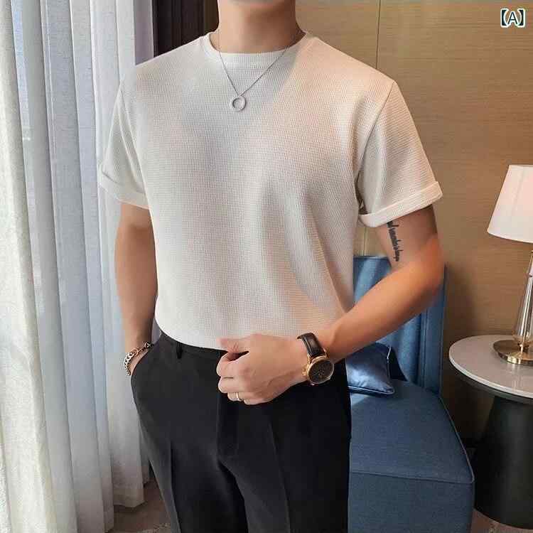 乐天商城 - メンズ Tシャツ 短袖 丸首 ワッフル編み ヘビーウェイト ルーズフィット 通気性 肩落ちなし 麻 条紋柄 薄手 抗菌 夏 白色 黒 藍