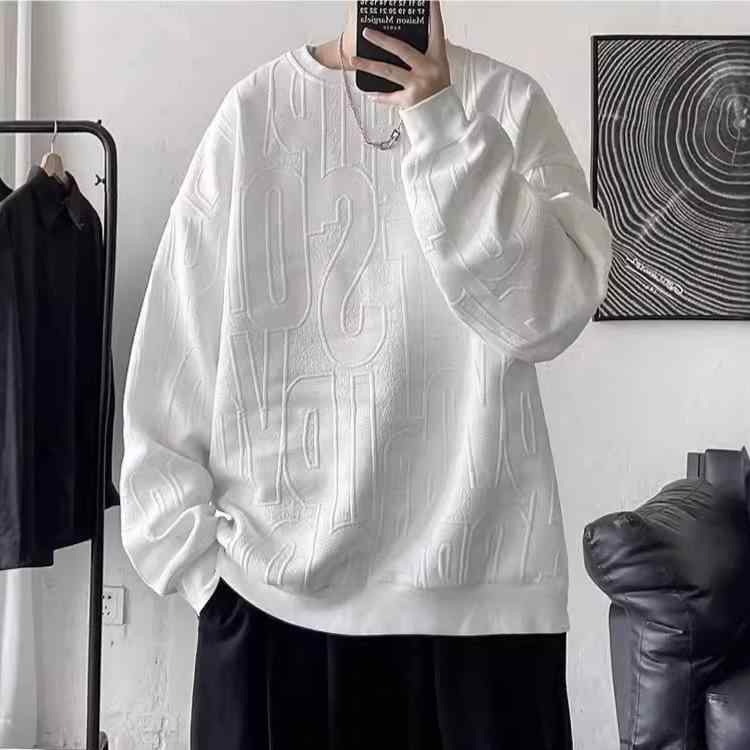 樂天商城 - メンズ スウェット トップス 港風 シンプル ゆったり 長袖 Tシャツ 情侣 華夫格 柄 秋季 綿ポリエステル 日常 カジュアル 黒 白 青少年