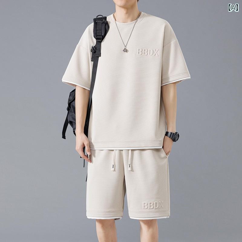 Rakuten - メンズ 運動 セットアップ 夏季 接触冷感 速乾 短袖 Tシャツ 軽薄 透気 大きいサイズ 休闲 短パン 米白 灰色 黒 華夫格 涼感 ポリエステル 混紡 生地 日系 清新 スタイル 薄手 トップス ミックス ファブリック