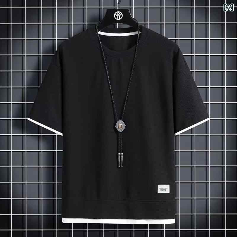 樂天商城 - メンズ Tシャツ 短袖 ワッフル 柄 偽ツー ピース デザイン ルーズ フィット 半袖 トップス 接触冷感 薄手 丸首 ブラック ホワイト グレー ベージュ コットン 混紡 ポリエステル 耐摩耗 夏 服 ゆったり シルエット ピュアカラー 切り替え ディ