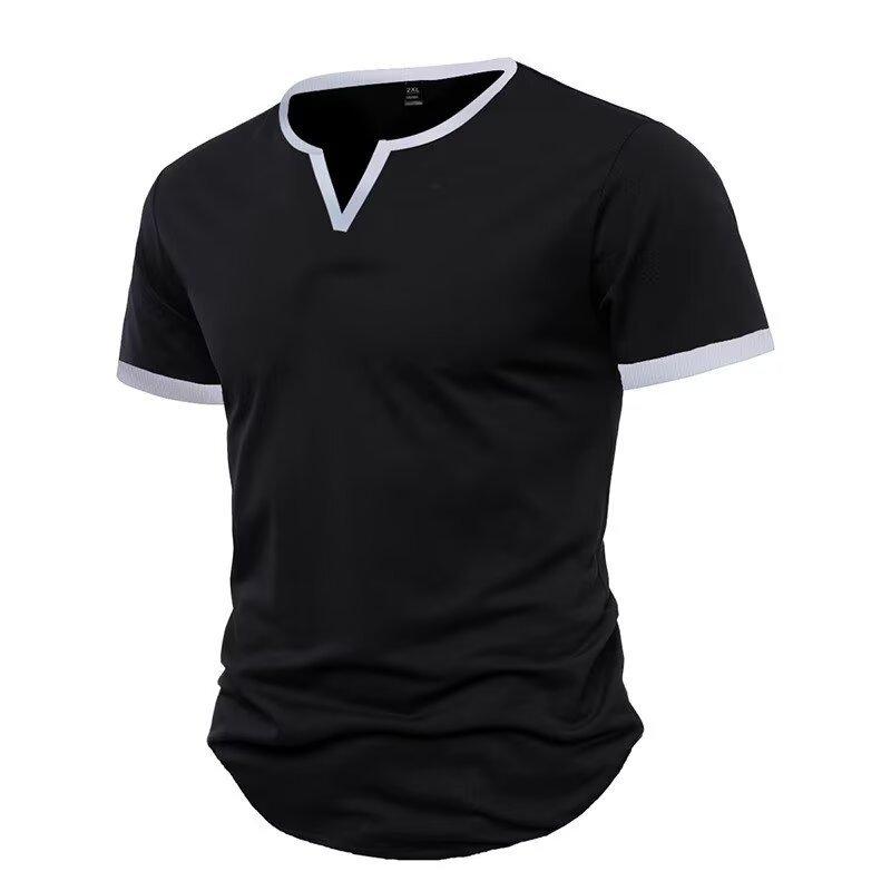 Rakuten - メンズ Tシャツ 短袖 Vネック ワッフル 柄 切り替え ツートンカラー スリムフィット 裾スリット 丸底 スポーツウェア 速乾 薄手 夏用 グレー 黒 白 日常使い 青年向け