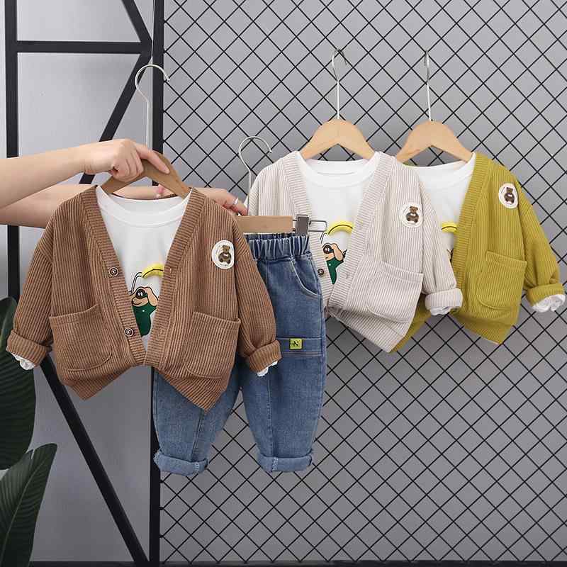 キッズ 男の子 セットアップ 毛衣 3点セット 春秋 長袖 長ズボン コットン 95% 綿 素材 卡通 プリント 小熊 香蕉 柄 かわいい 柄 白色 ..