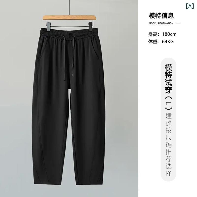 Pants - メンズ 長ズボン 直筒 ミッドライズ ロープクロージャー 普通厚 無地 夏 ポリエステル100 ポリエステル混紡 化学繊維混紡 微弾性 イージーケア ノーアイロン 日常 青年向け シンプル ゆったり 快適 通気性 軽量 スタンダードシルエット 黒 グレー