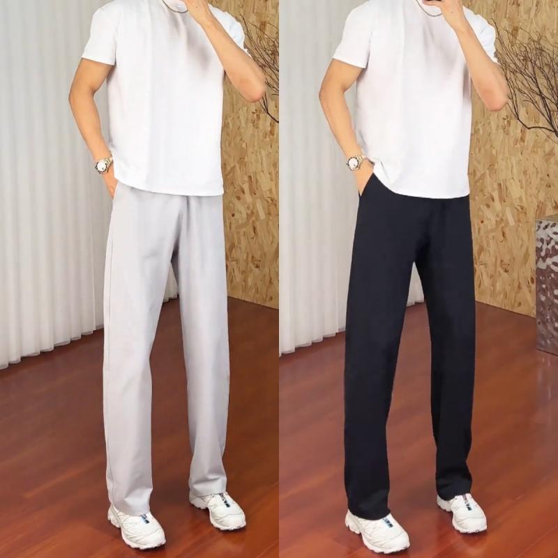 Pants - メンズ ストレートパンツ ゆったり 涼しい 透気性 ポリエステル 黒 白 グレー 夏 スポーツ 日常 薄手 ミッドライズ ドローストリング マイクロストレッチ 切り替え ユニセックス