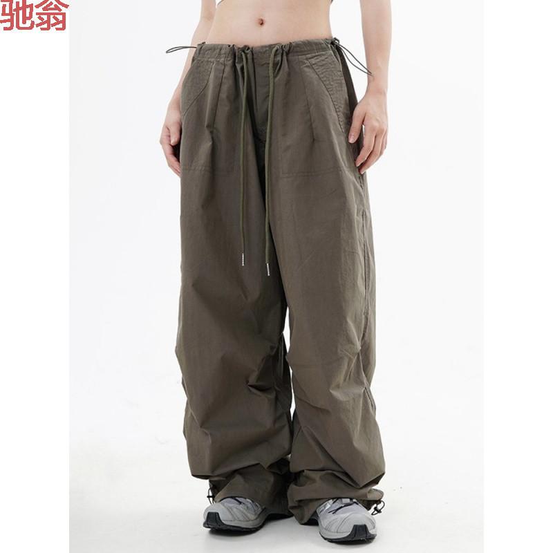 Pants - カーゴパンツ メンズ レディース ワイドレッグ ハイウエスト ロングパンツ 束口 抽弦 デザイン ミリタリー 風 シンプル スタイル ゆったり シルエット ポリエステル 素材 無弾力 厚手 裏起毛 加工 オールシーズン ユニセックス 大きいサイズ 対応
