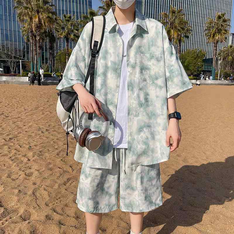 メンズ スポーツウェア セットアップ 夏用 短袖 Tシャツ バスケットボール トップス 休闲 ショートパンツ 2点セット 韓国風 トレンド コットン 綿素材 ピンク ブルー 軽量 通気性 速乾 アクティブ 普段使い 屋外 活動 男性用 運動着 セット 爽